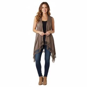 Inseparable Women's Vest Open Front Boho Fringe Topper Tassel Hem Taupe Size L